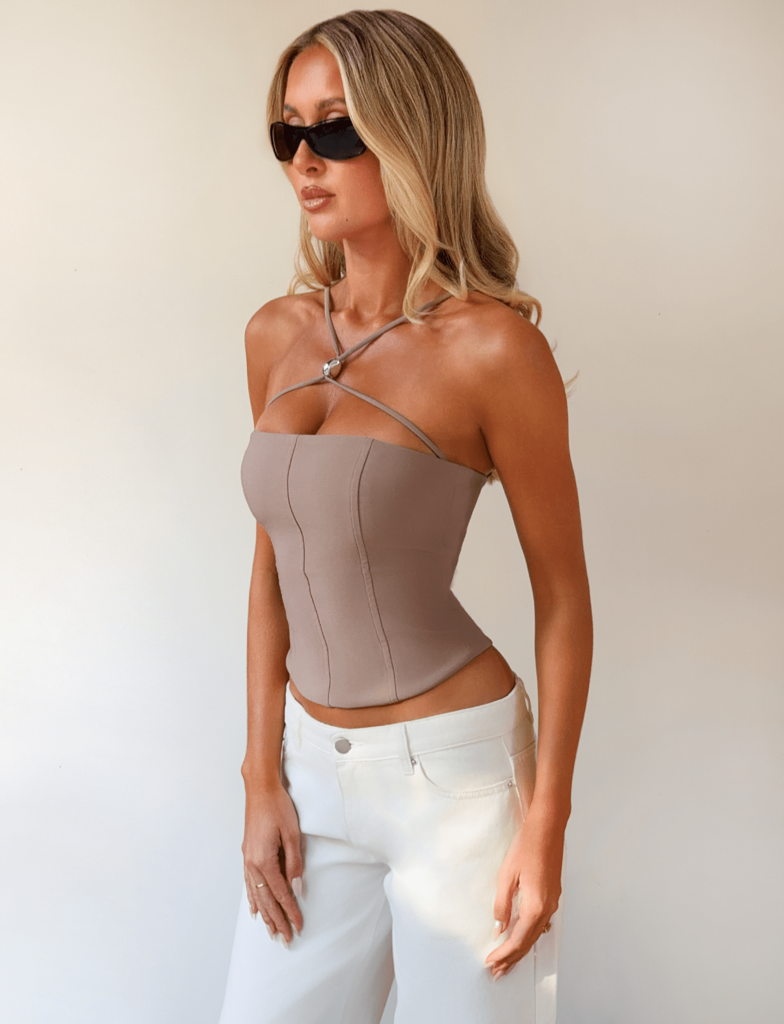 Taupe Halterneck Corset Top with Unique Strap Detail and White Trousers — Corset Tops