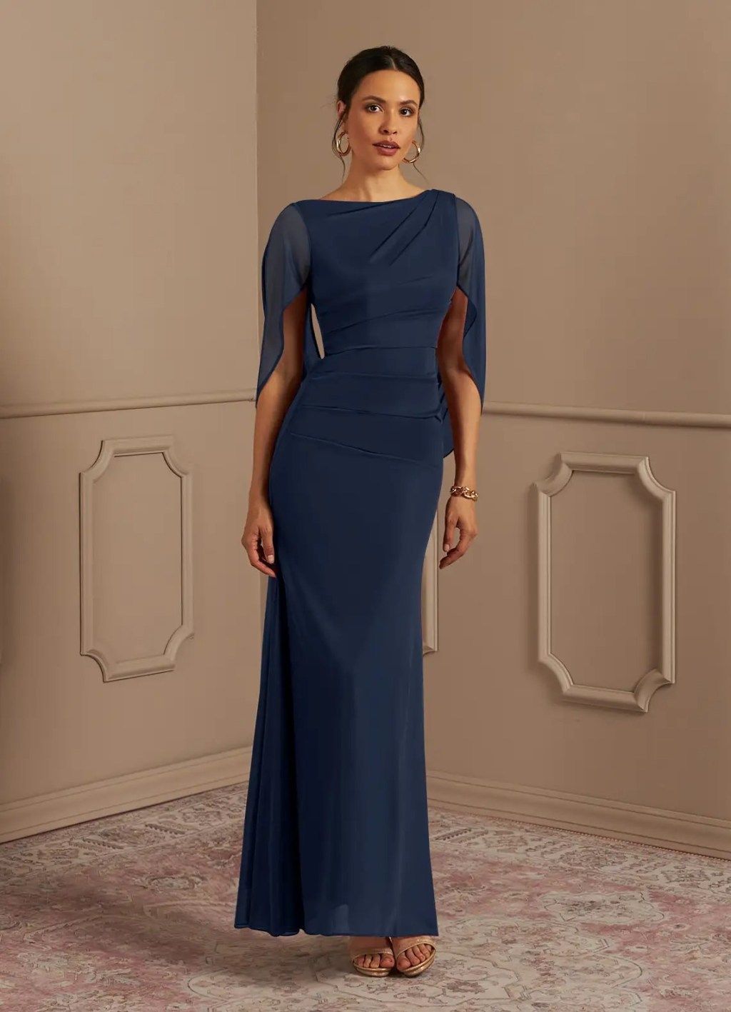 Midnight Blue Ruched Gown with Sheer Capelet Sleeves Midnight Blue Ruched Gown with Sheer Capelet Sleeves — Mother of the Groom Dresses