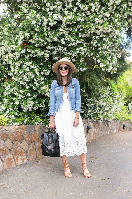 Denim Jacket Over Eyelet Dress for a Classic Wine Tasting Look Denim Jacket Over Eyelet Dress for a Classic Wine Tasting Look — Wine Tasting Outfits