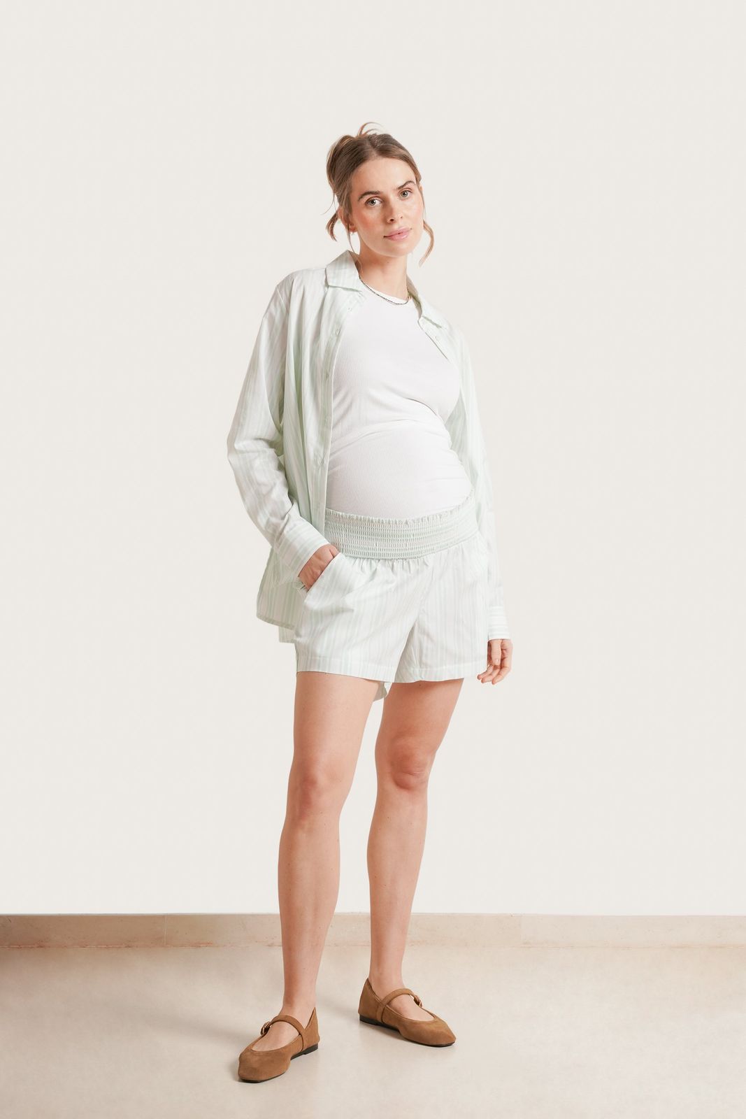 Striped Button-Down and Shorts for Breezy Comfort — Outfits for Mom Bod