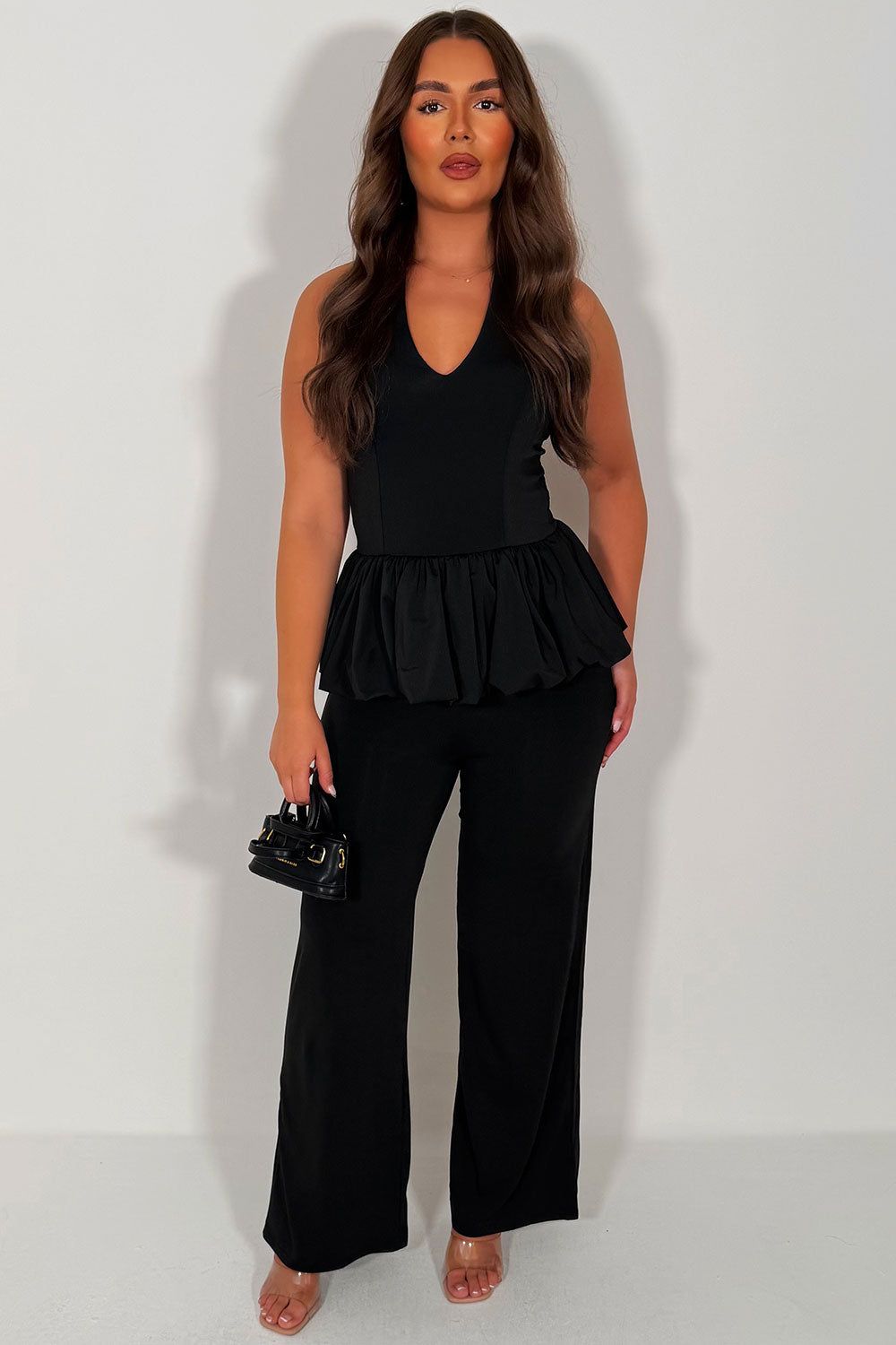 Halter Neck Peplum Top with Matching Wide-Leg Trousers — Peplum Top Outfits
