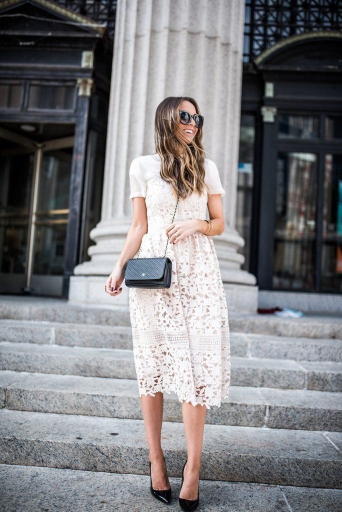 Pale Pink Lace Midi: Smart Casual Proportion — Lace Dress Outfits