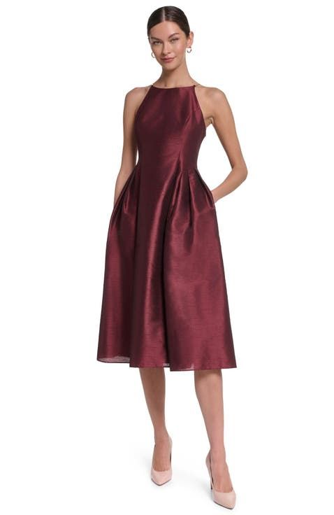 Deep Red Satin A-Line Tea Length Dress for Wedding Guests Deep Red Satin A-Line Tea Length Dress for Wedding Guests — Tea Length Dresses