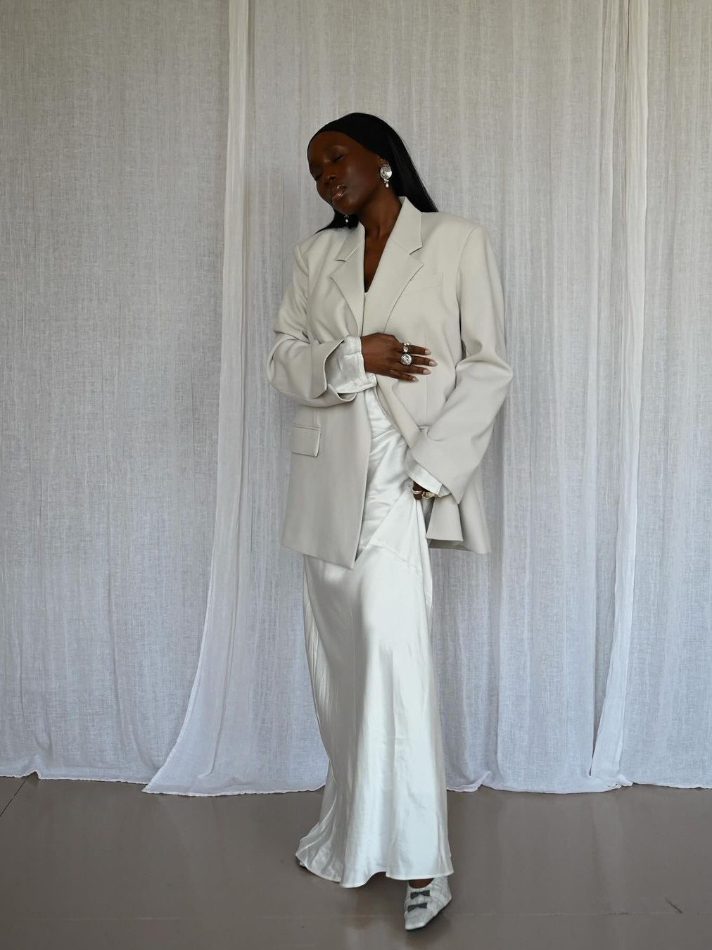 Sophisticated Layering: Ivory Slip Dress with Oversized Blazer Sophisticated Layering: Ivory Slip Dress with Oversized Blazer — Slip Dress Outfits