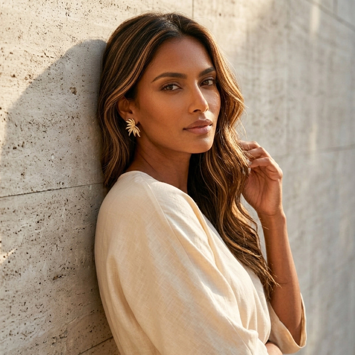 Starburst Gold Statement Earrings with a Lightweight Cream Top Starburst Gold Statement Earrings with a Lightweight Cream Top — Statement Earrings Outfits