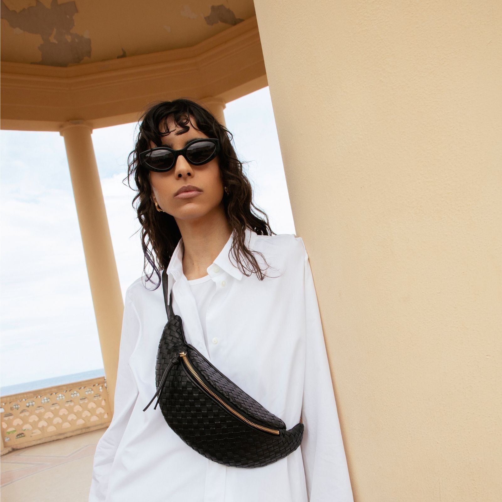 Woven Leather Belt Bag with Oversized Shirt — Belt Bag Outfits