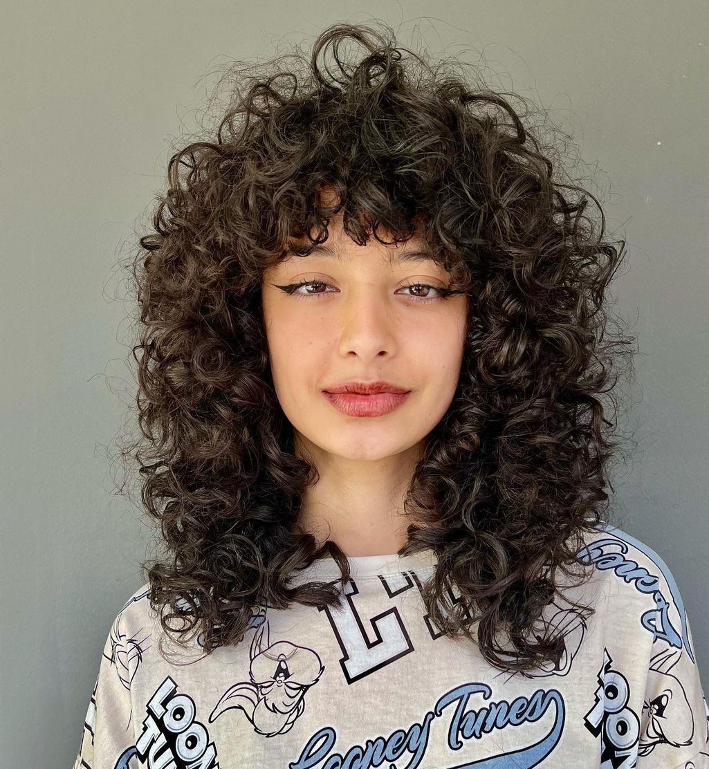 Wolf Cut Shoulder Dark Brown Voluminous Curls With Bangs — Long Wolf Cut