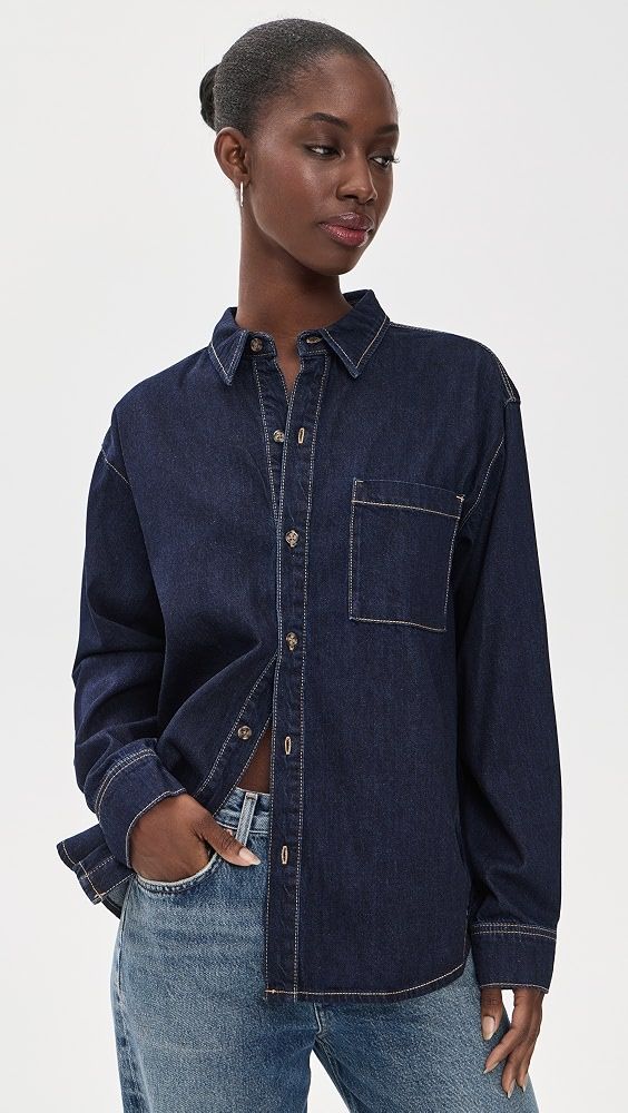 Oversized Denim Shirt with Contrast Stitching Oversized Denim Shirt with Contrast Stitching — Denim Shirt Outfits