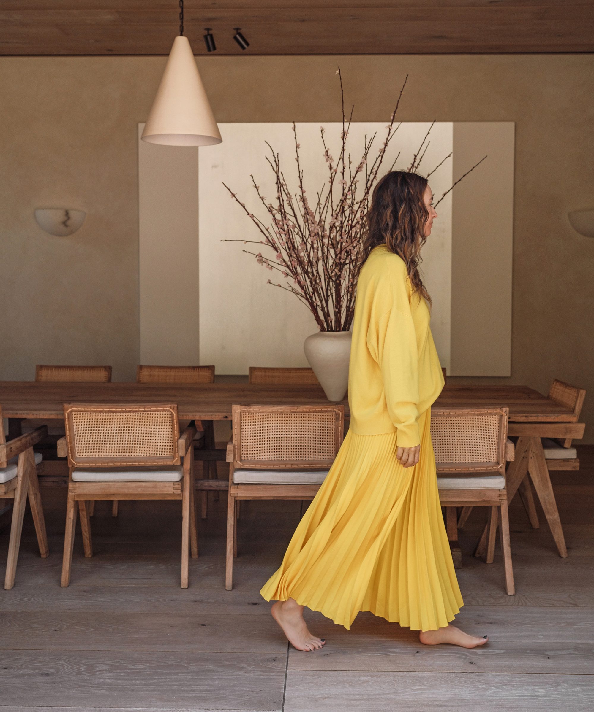 Monochromatic Yellow Pleated Skirt and Sweater for Casual Comfort — Pleated Skirt Outfits