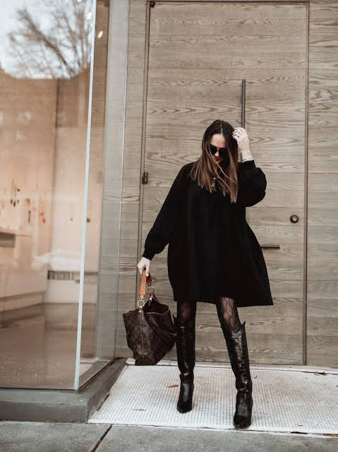 Cozy Winter Layers: Oversized Sweater Dress with Knee-High Boots — Little Black Dress Outfits