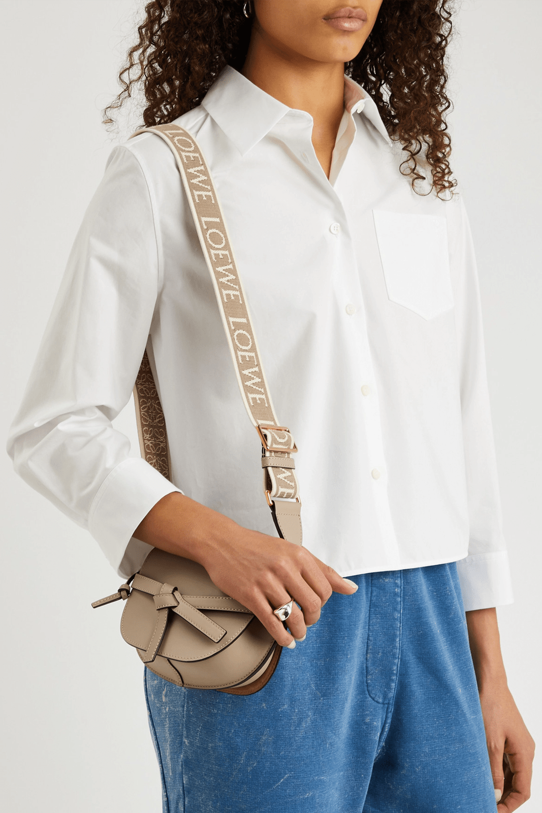 Smart Casual Staple: White Shirt, Jeans, and Beige Loewe Gate Bag — Loewe Bag Outfits