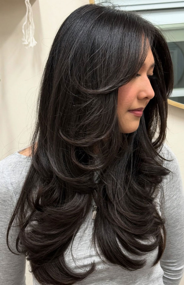 Textured Layers: Ribbed Knit with Face-Framing Bangs — Bangs with Layers