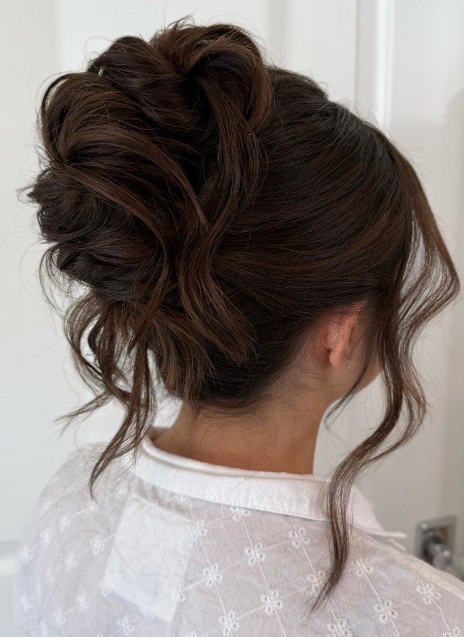 Textured Dark Brown Bun with Tendrils Textured Dark Brown Bun with Tendrils — Updos