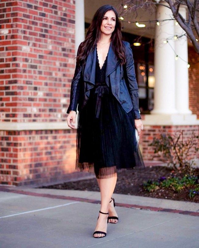 Chic Evening: Black Tulle Skirt with Lace Camisole and Leather Jacket — Tulle Skirt Outfits