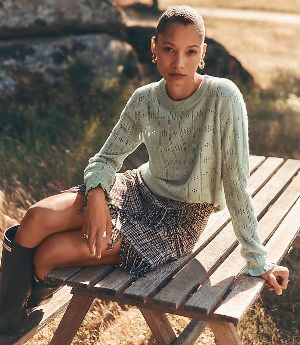 Fringed Plaid Mini Skirt with Textured Knit and Hunter Boots Fringed Plaid Mini Skirt with Textured Knit and Hunter Boots — Plaid Skirts