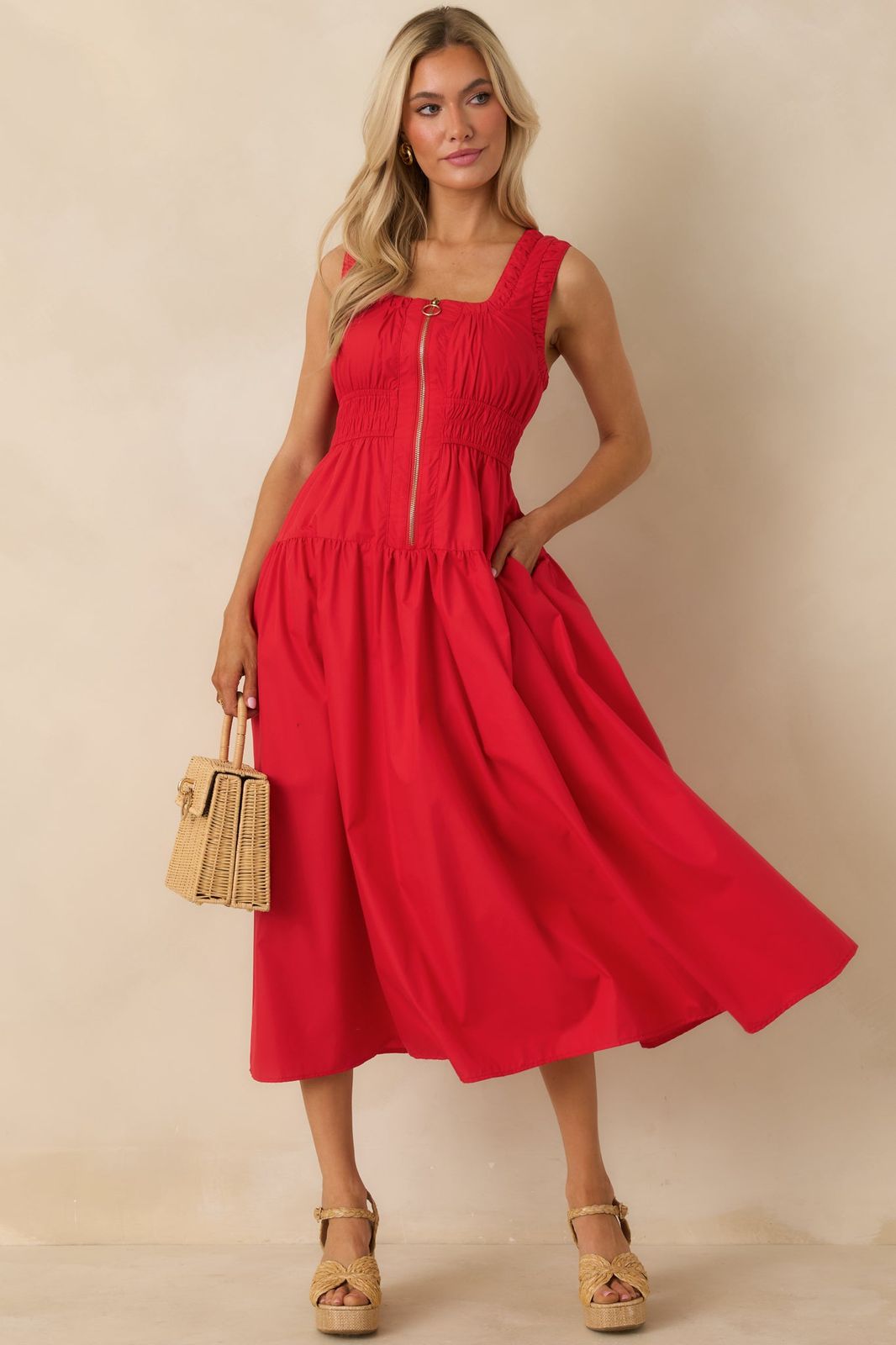 Vibrant Red Cotton Poplin Midi Dress with Zipper Detail Vibrant Red Cotton Poplin Midi Dress with Zipper Detail — Casual Dresses