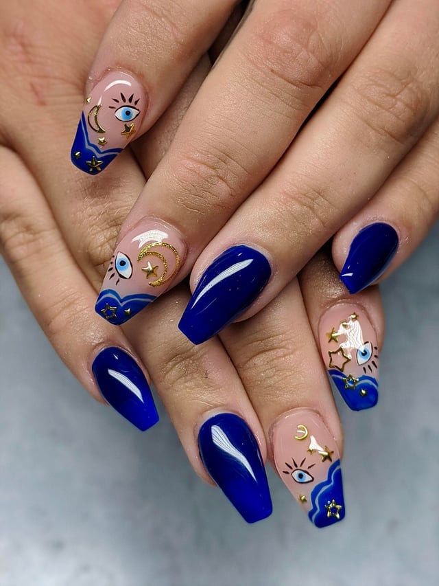 Deep Blue Celestial Coffin Nails Deep Blue Celestial Coffin Nails — Evil Eye Nails