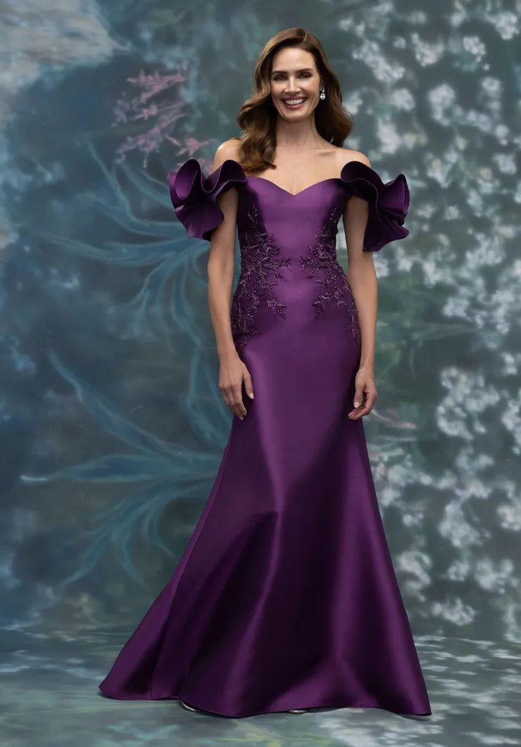 Vibrant Purple Satin Mermaid Gown with Ruffled Off-the-Shoulder Sleeves Vibrant Purple Satin Mermaid Gown with Ruffled Off-the-Shoulder Sleeves — Mother of the Bride Dresses