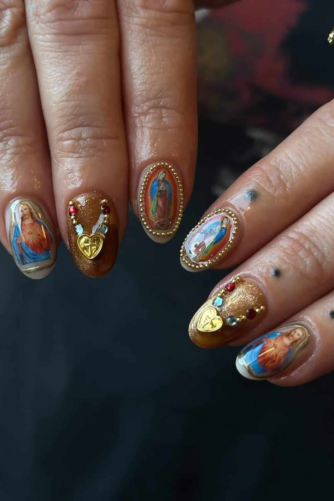 Shimmery Brown Virgin Mary Decal Nails Shimmery Brown Virgin Mary Decal Nails — Church Nails