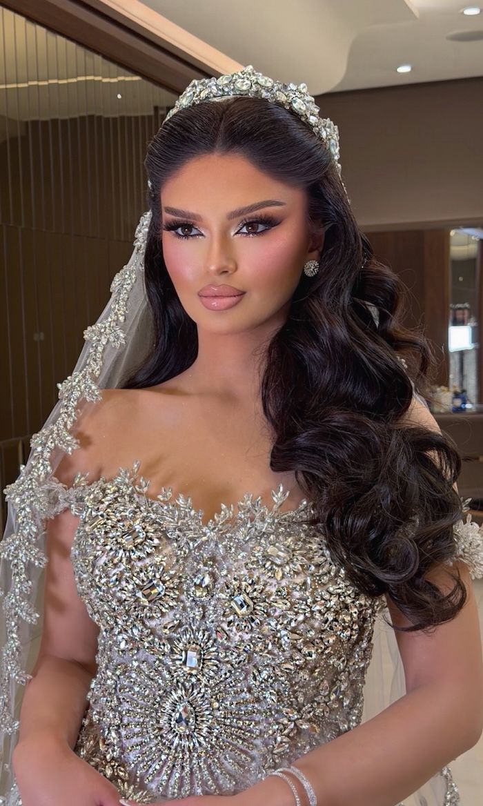 Voluminous Curls Swept to Side with Tiara — Wedding Hairstyles with Tiara