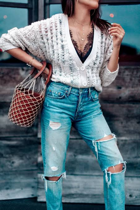 Open-Knit Cardigan over Lace Bralette with Distressed Jeans — San Diego Outfits