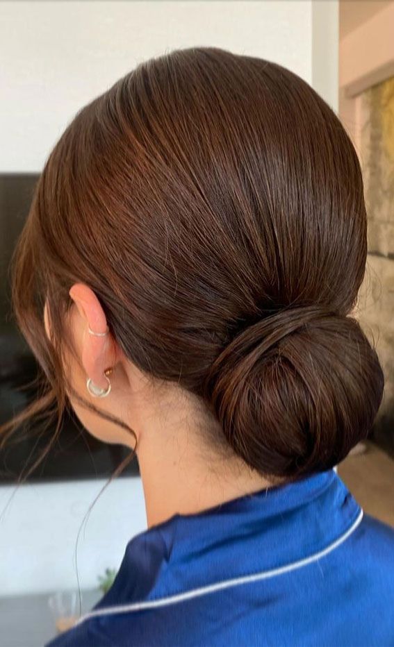 Dark Brown Rounded Sleek Bun Dark Brown Rounded Sleek Bun — Sleek Bun Wedding Hair