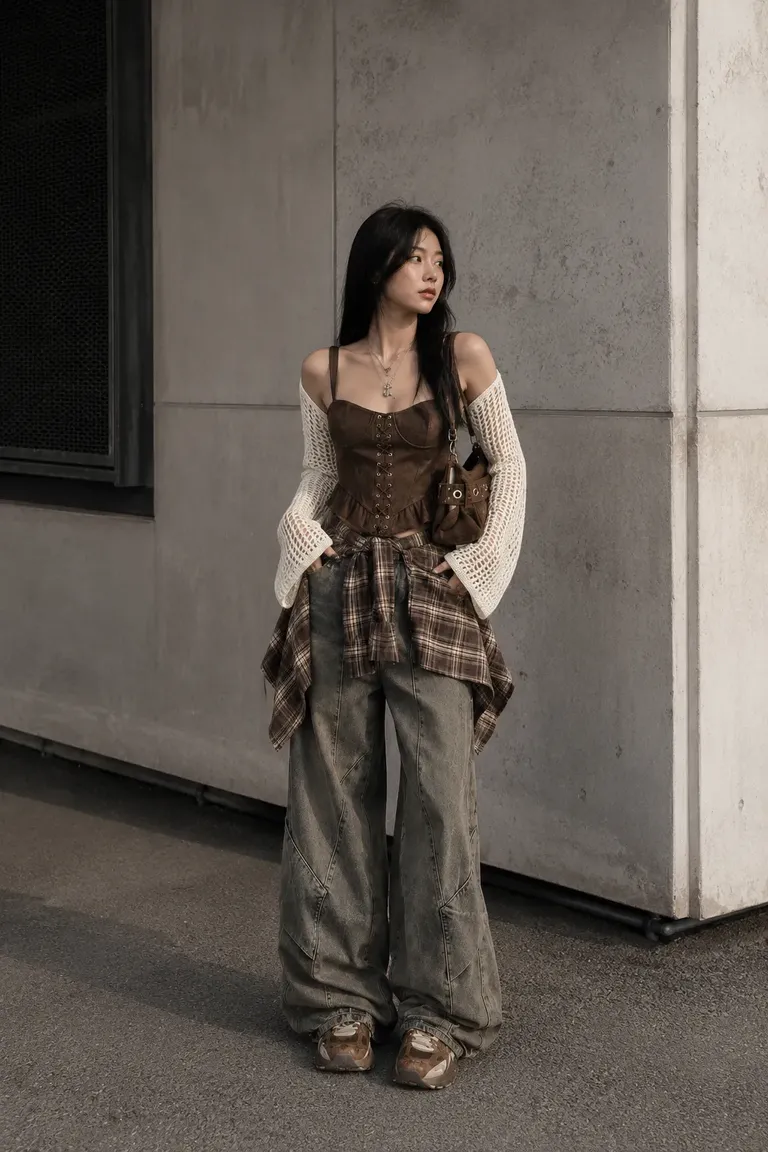 Corset Top Layered Over Crochet with Wide-Leg Jeans — Dark Feminine Outfits