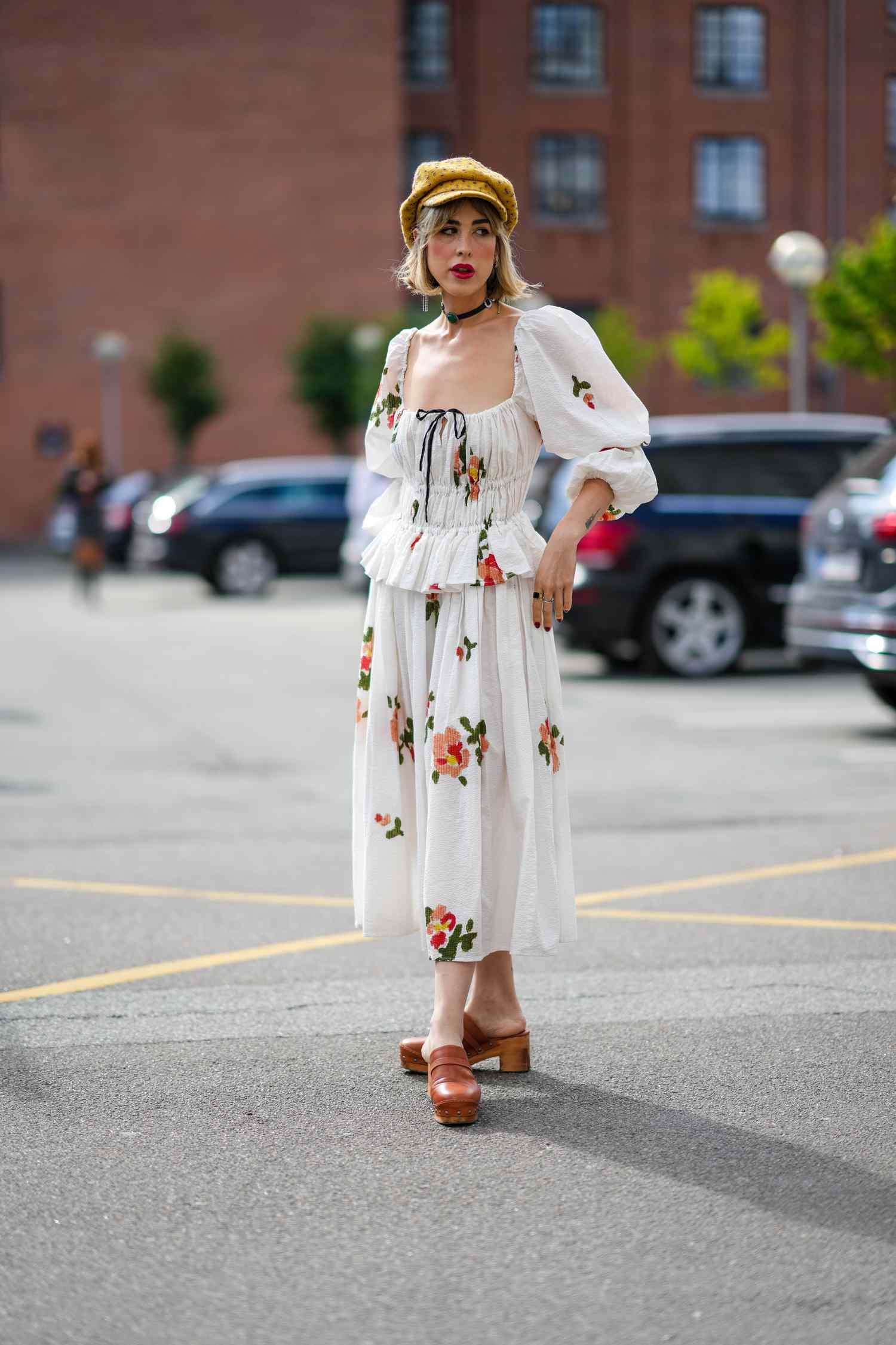 Floral Embroidery and Puff Sleeves with Wooden Clogs — Clog Outfits