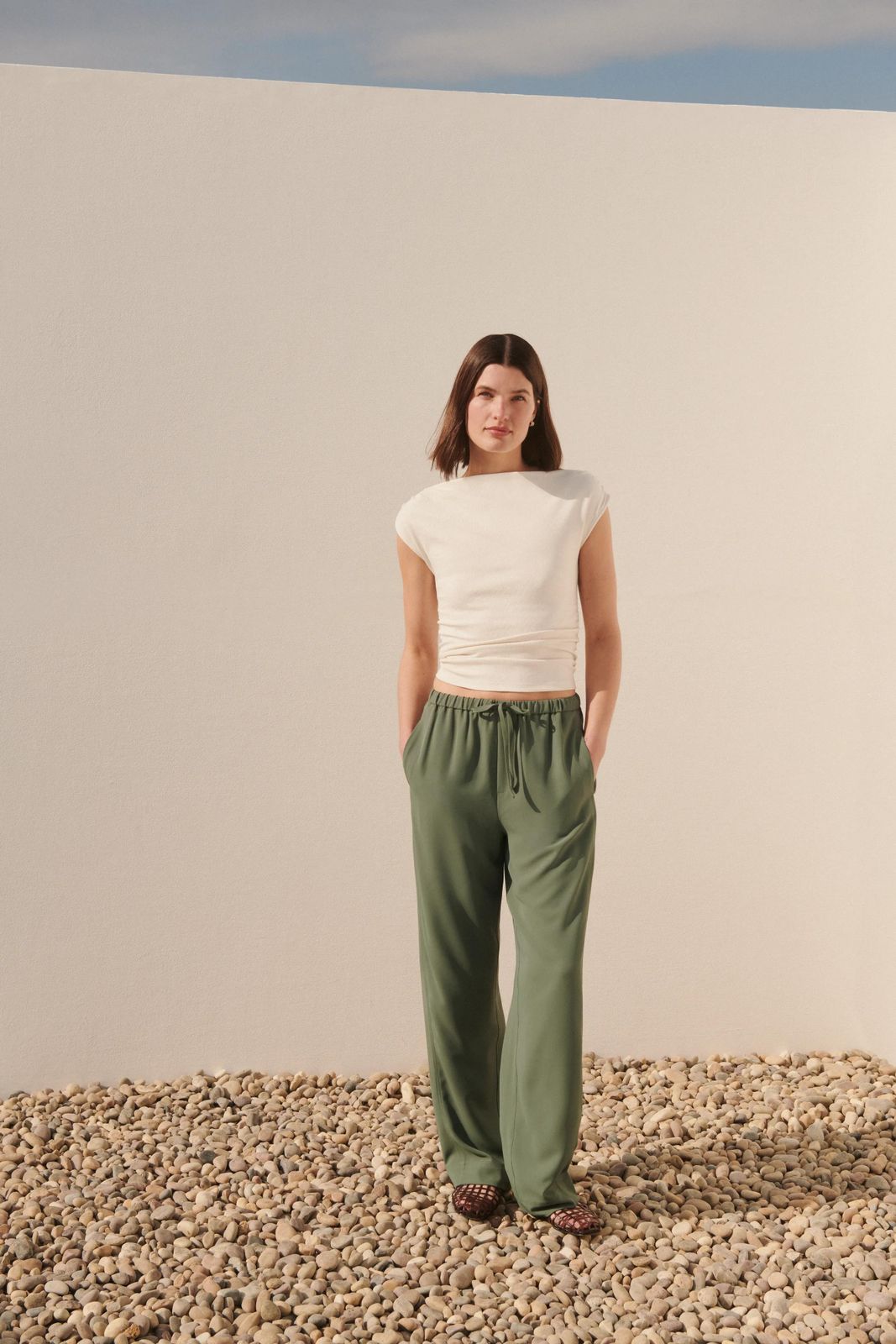 Olive Green Wide-Leg Trousers with Sleeveless Top — Long Flight Outfits