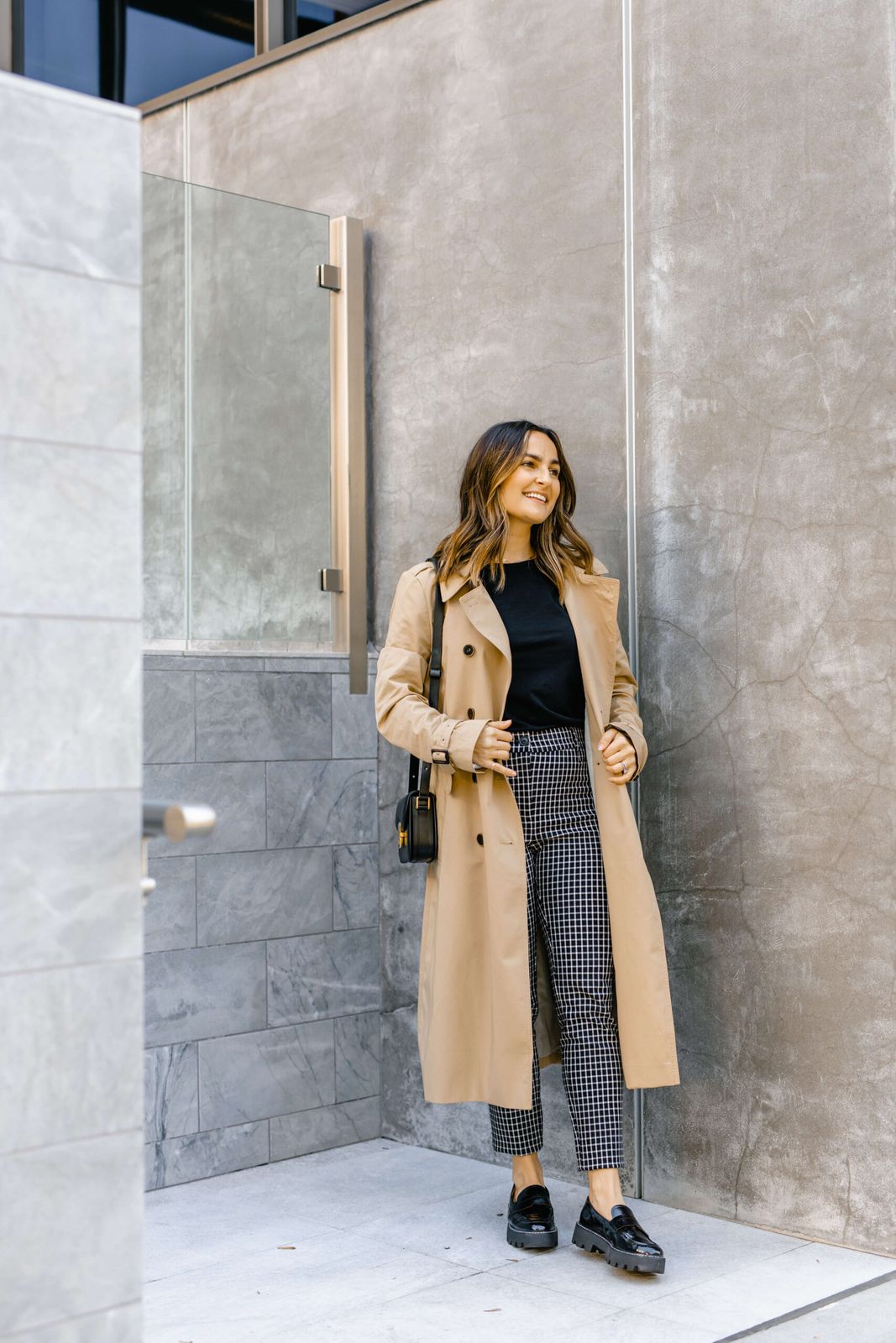 Checkered Trousers and Trench Coat with Black Loafers — Chunky Loafers Outfits