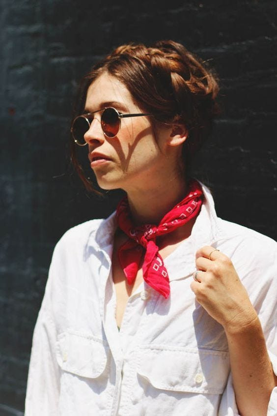 Red Bandana as a Neck Accent Over a White Button-Down — Bandana Outfits