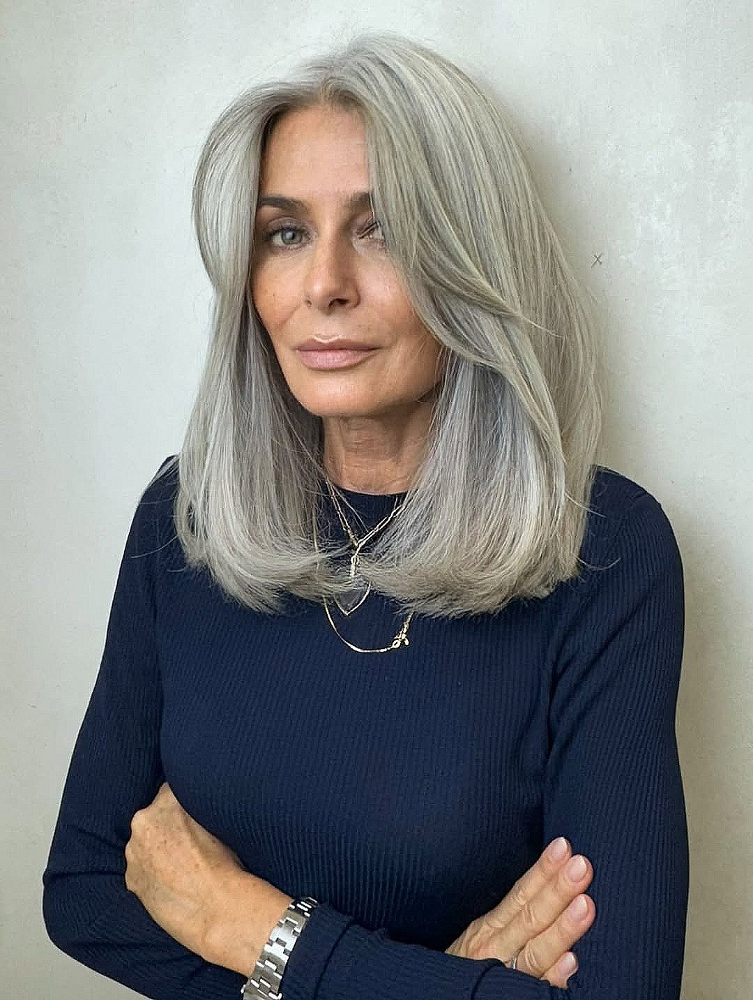 Silver Grey Lob With Curtain Bangs — Easy Hairstyles for Medium Hair