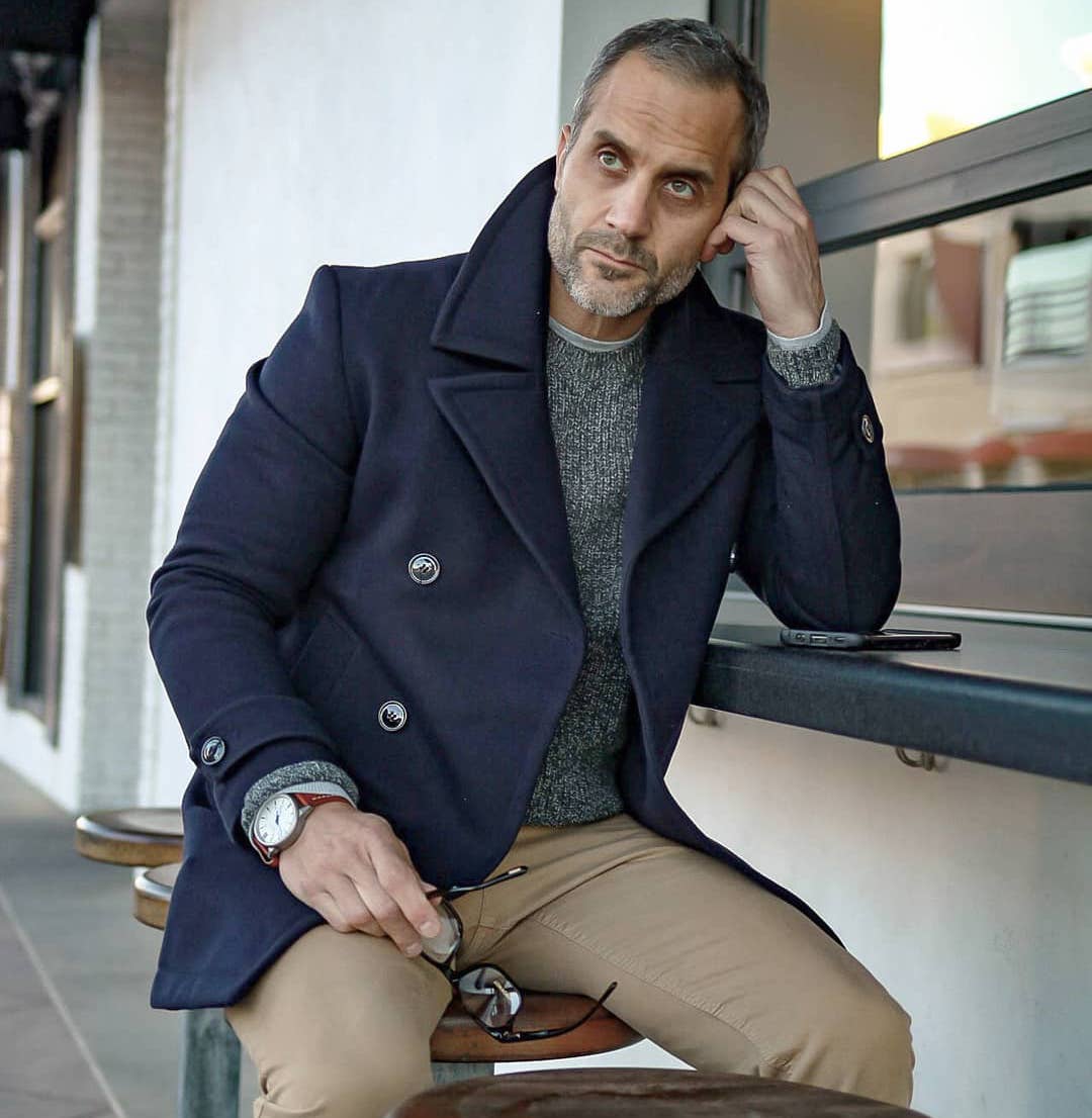 Autumn Smart Casual: Navy Peacoat, Grey Sweater, and Tan Trousers Autumn Smart Casual: Navy Peacoat, Grey Sweater, and Tan Trousers — Outfits for Men Over 40