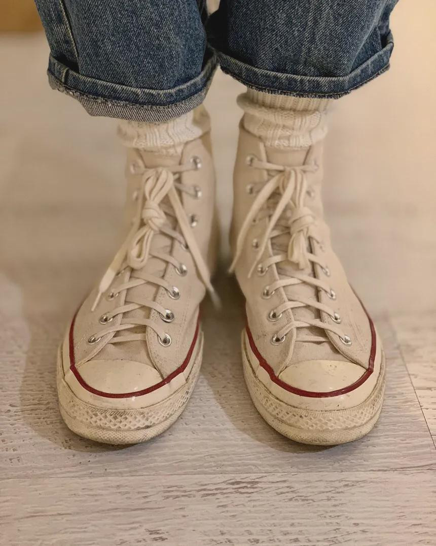 Worn-In White High-Tops with Denim and Knit Socks — Chuck 70 Outfits