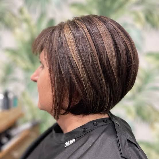 Dark Brown Bob With Blonde Highlights Dark Brown Bob With Blonde Highlights — Hair Color for Women Over 40