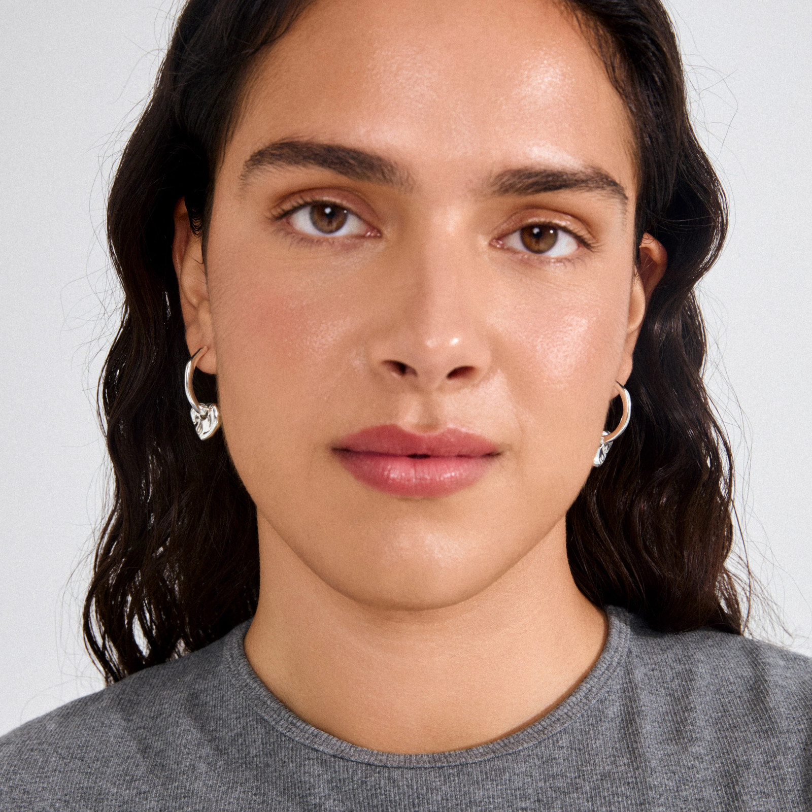 Playful Charm: Silver Hoops with Heart Dangles and a Grey Tee — Silver Hoops Outfits
