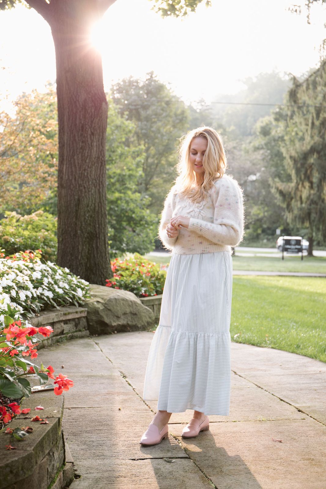 Striped Maxi Dress with Textured Sweater for Transitional Weather Striped Maxi Dress with Textured Sweater for Transitional Weather — Maxi Dress Outfits