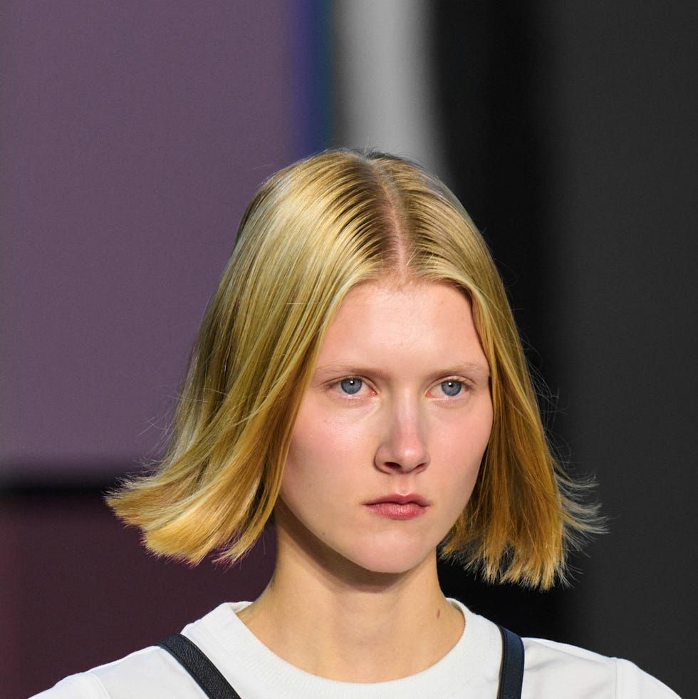 Golden Blonde Bob With Blunt Fringe Golden Blonde Bob With Blunt Fringe — Chin Length Bob