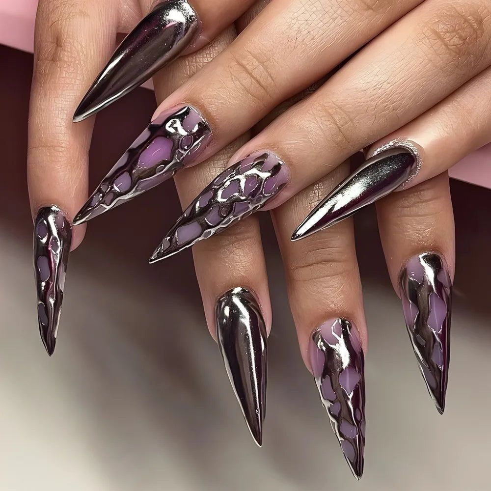 Silver Chrome and Purple Snake Silver Chrome and Purple Snake — Snake Print Nails