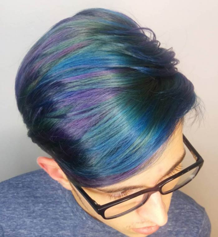 Layered Bob With Blunt Bangs In Blue Teal Layered Bob With Blunt Bangs In Blue Teal — Oil Slick Hair