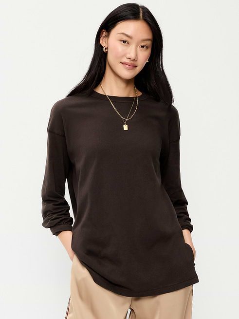 Dark Brown Oversized Cotton Jersey T-Shirt with Layered Necklaces — Oversized Shirts
