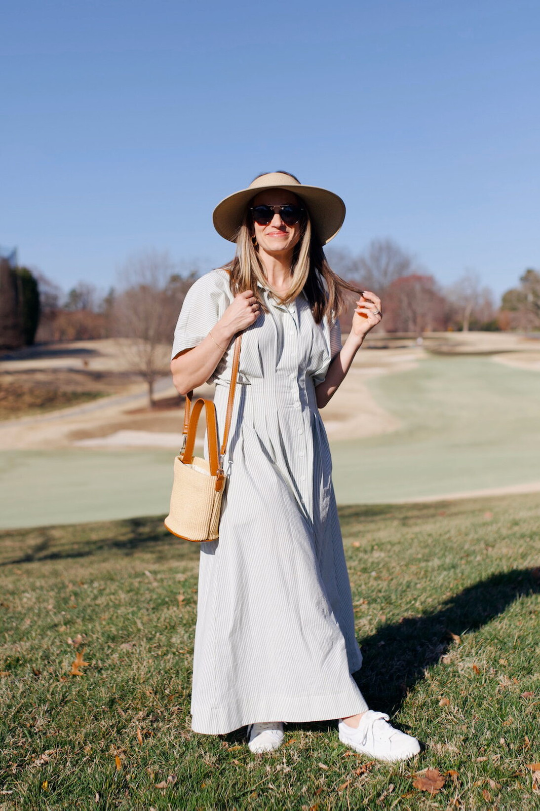 Pinstripe Maxi Dress with Straw Accessories and Sneakers — Sneakers with Dress Outfits