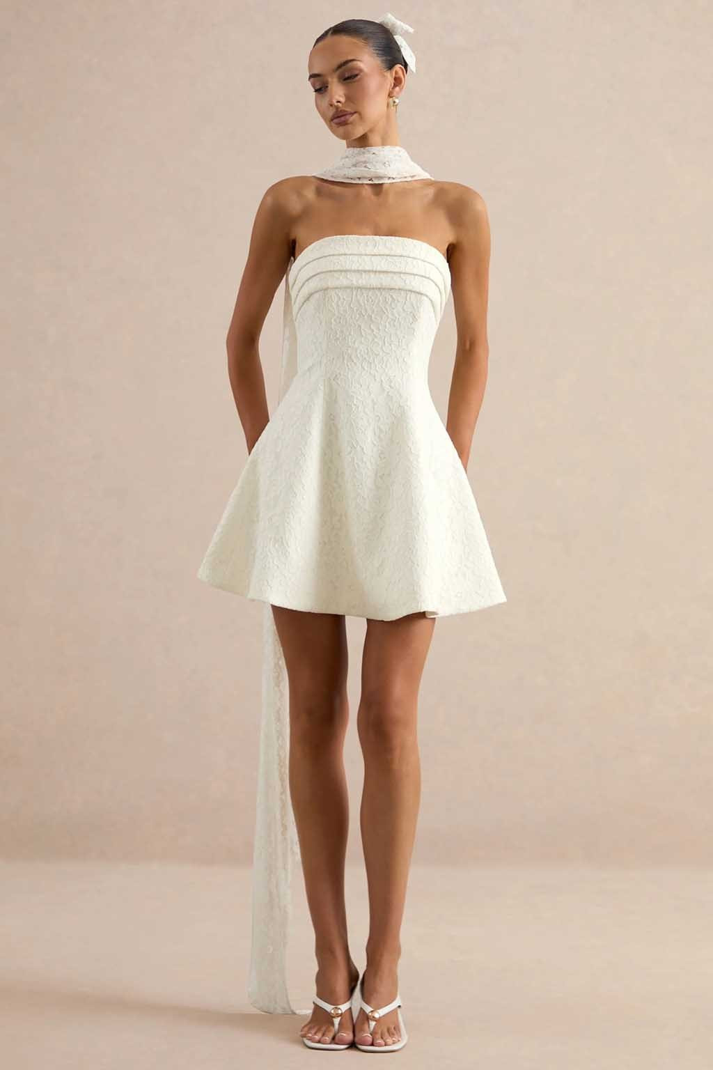 Ivory Strapless Mini Dress with Detachable Lace Train — Engagement Party Dresses