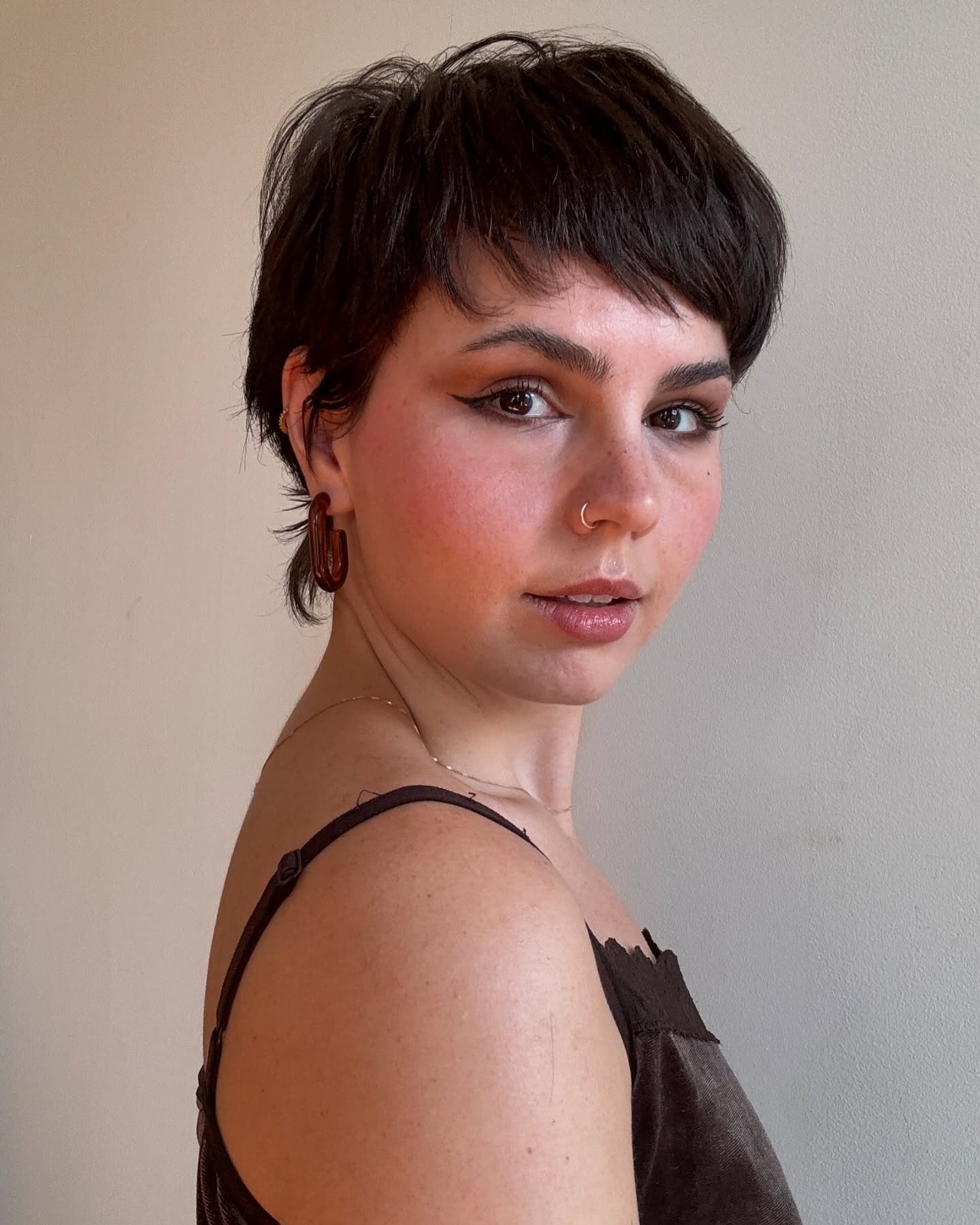 Neat Dark Brown Pixie with Fringe — Pixie Cut for Thick Hair