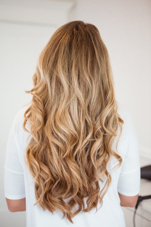 Mid-Back Voluminous Honey Blonde Defined Curls Mid-Back Voluminous Honey Blonde Defined Curls — Loose Curls