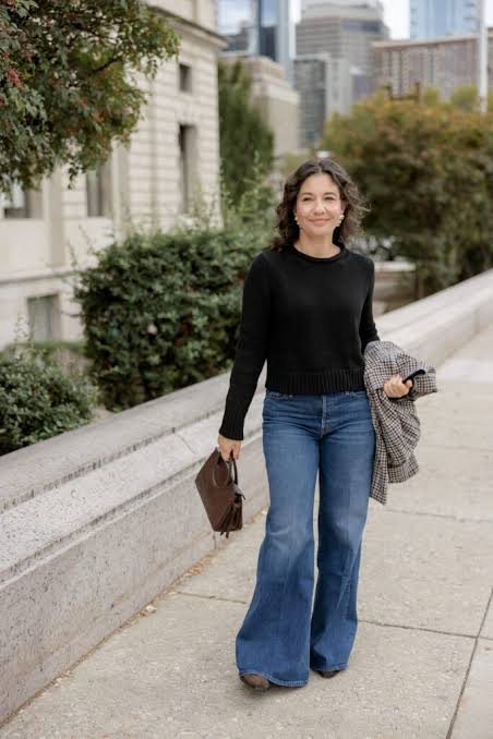 Effortless Cool: Crewneck Sweater and Loafers with Medium Wash Wide Leg Jeans — Wide Leg Jeans Outfits