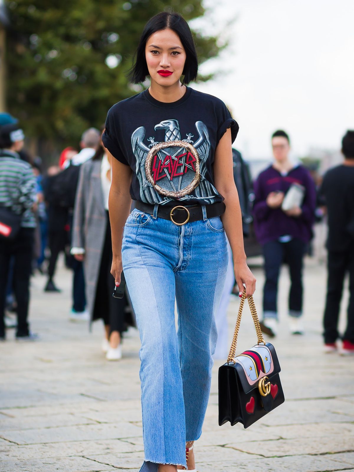 Graphic Band Tee with Flared Jeans and Sandals — Band Tee Outfits