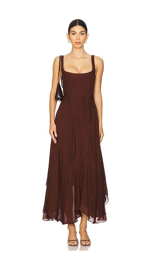 Dark Brown Midi Dress with Corset Bodice and Sheer Skirt — Honeymoon Dresses