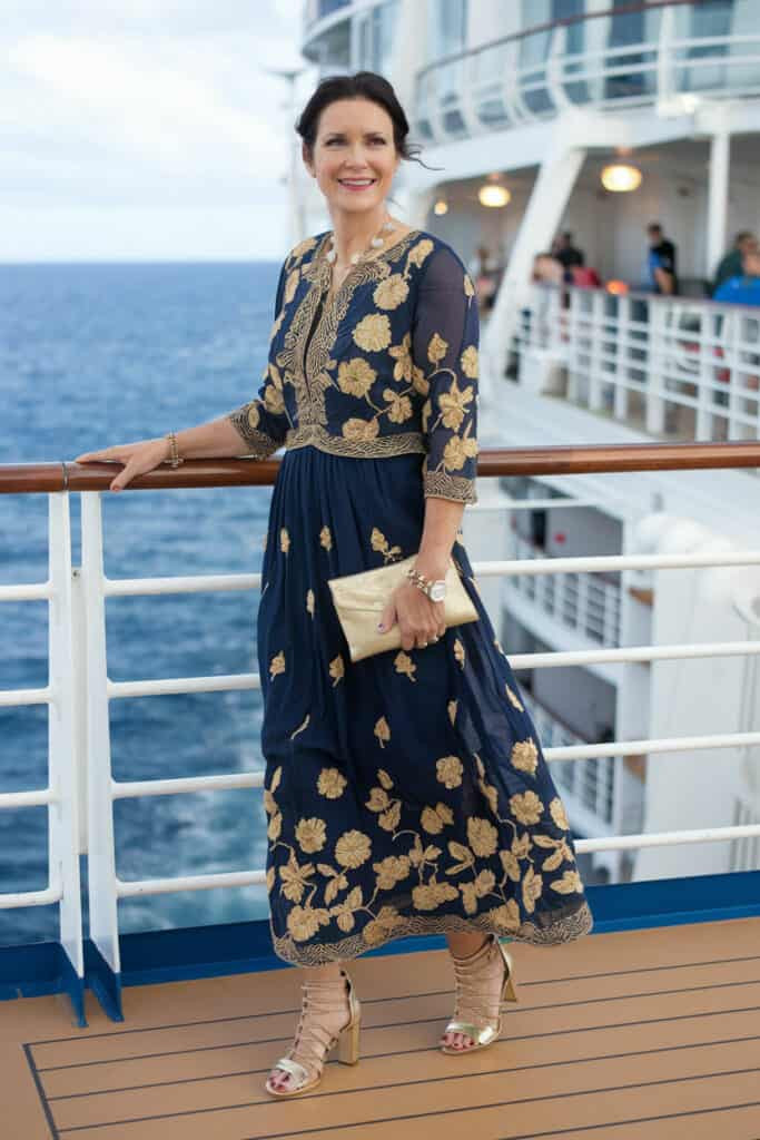Embroidered Navy Chiffon Maxi Dress with Gold Accents — Cruise Dinner Outfits