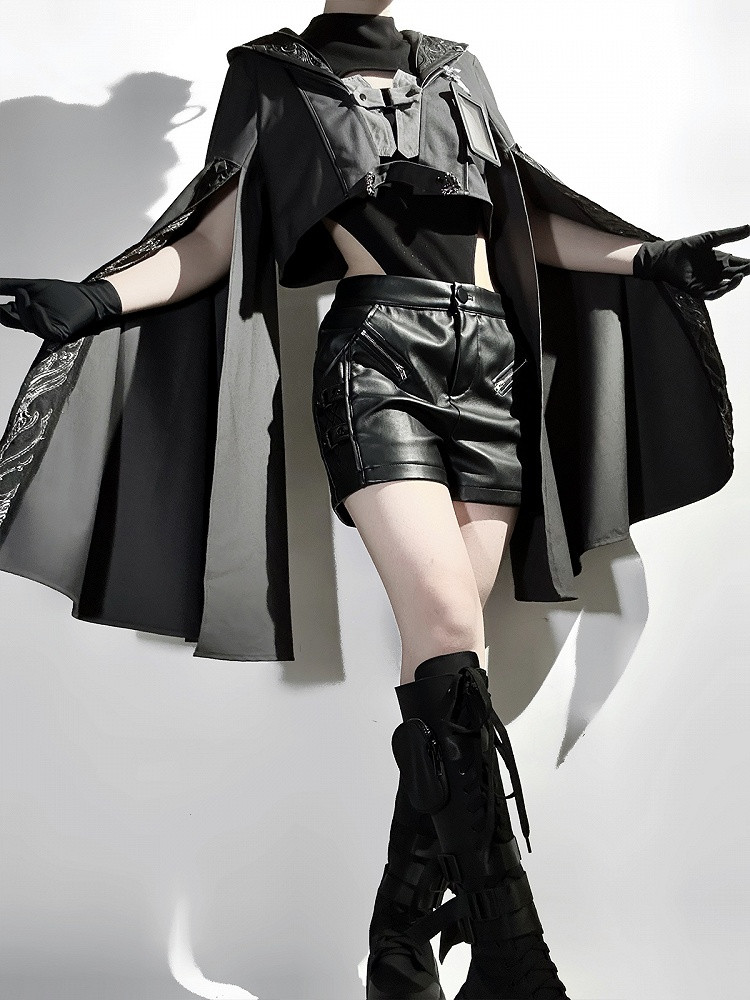 Cropped Cape with Hood Over Bodysuit and Leather Shorts Cropped Cape with Hood Over Bodysuit and Leather Shorts — Techwear Outfits